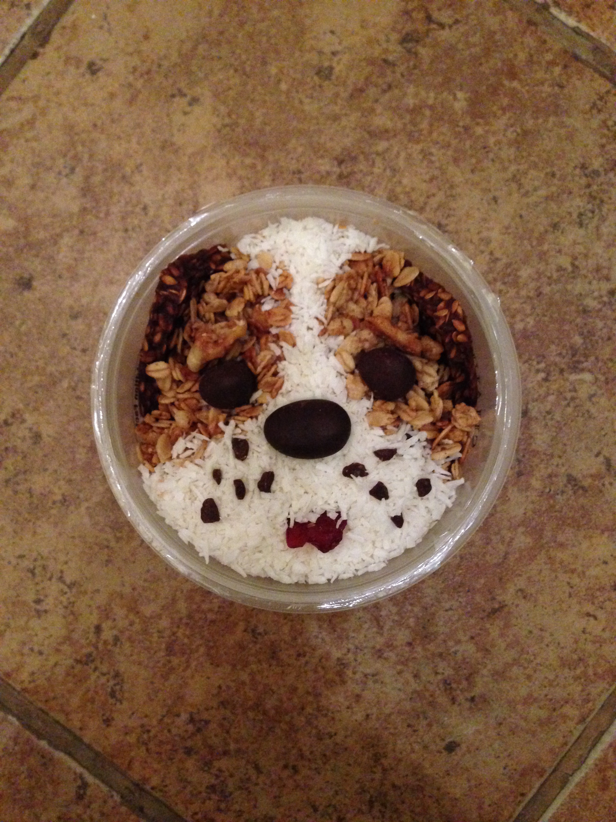 Food arranged to resemble the shape of a dog's face