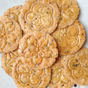 Rice crackers with different flower imprints