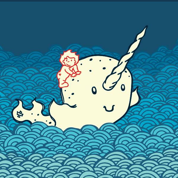 drawing of a boy riding a narwhal in the sea