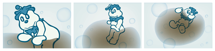 Panel 5 - Creature carfully climbs inside one of the dirty bubbles