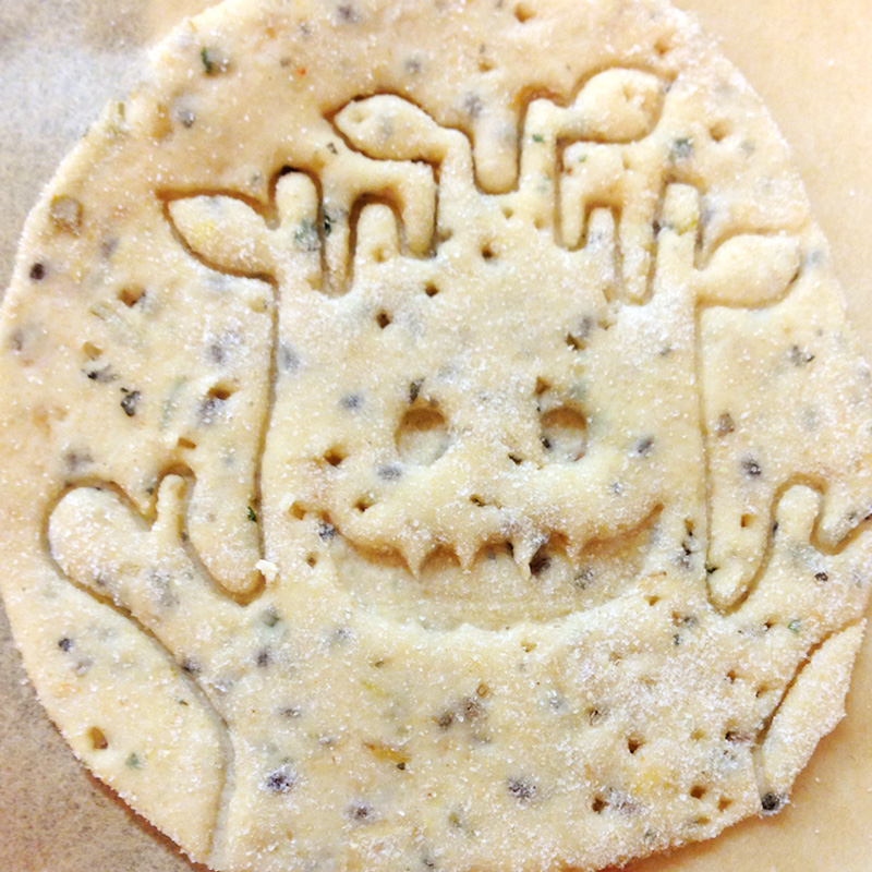 tree monster imprint in cracker dough