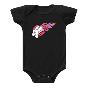 jumping bunny with trails of hot rod flames print on a onesie