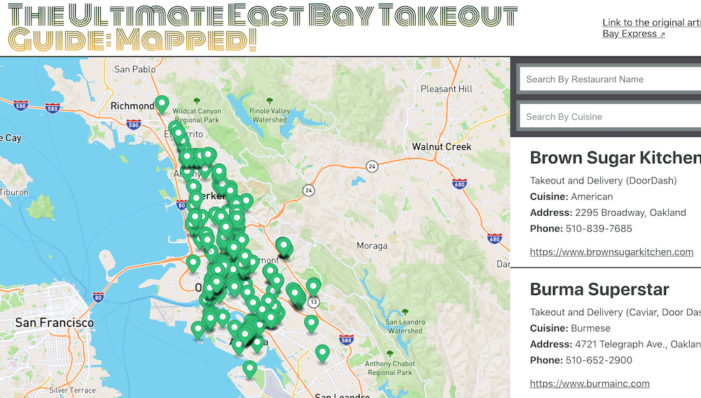 A map of take out locations available in the East Bay.